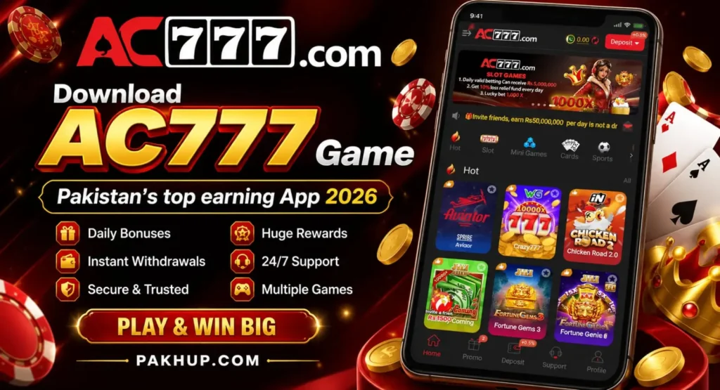 AC777 Game mobile app banner featuring slot games, bonuses, rewards,